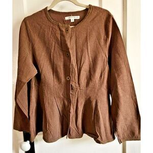 Vtg Christy Allen Sz M cotton flax button front‎ jacket brown USA made